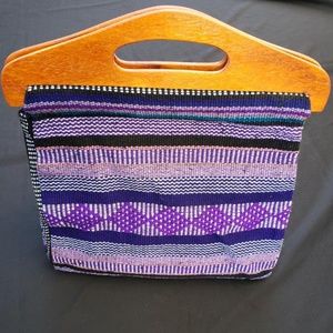 Recycled wooden handle artisan textile bag. New